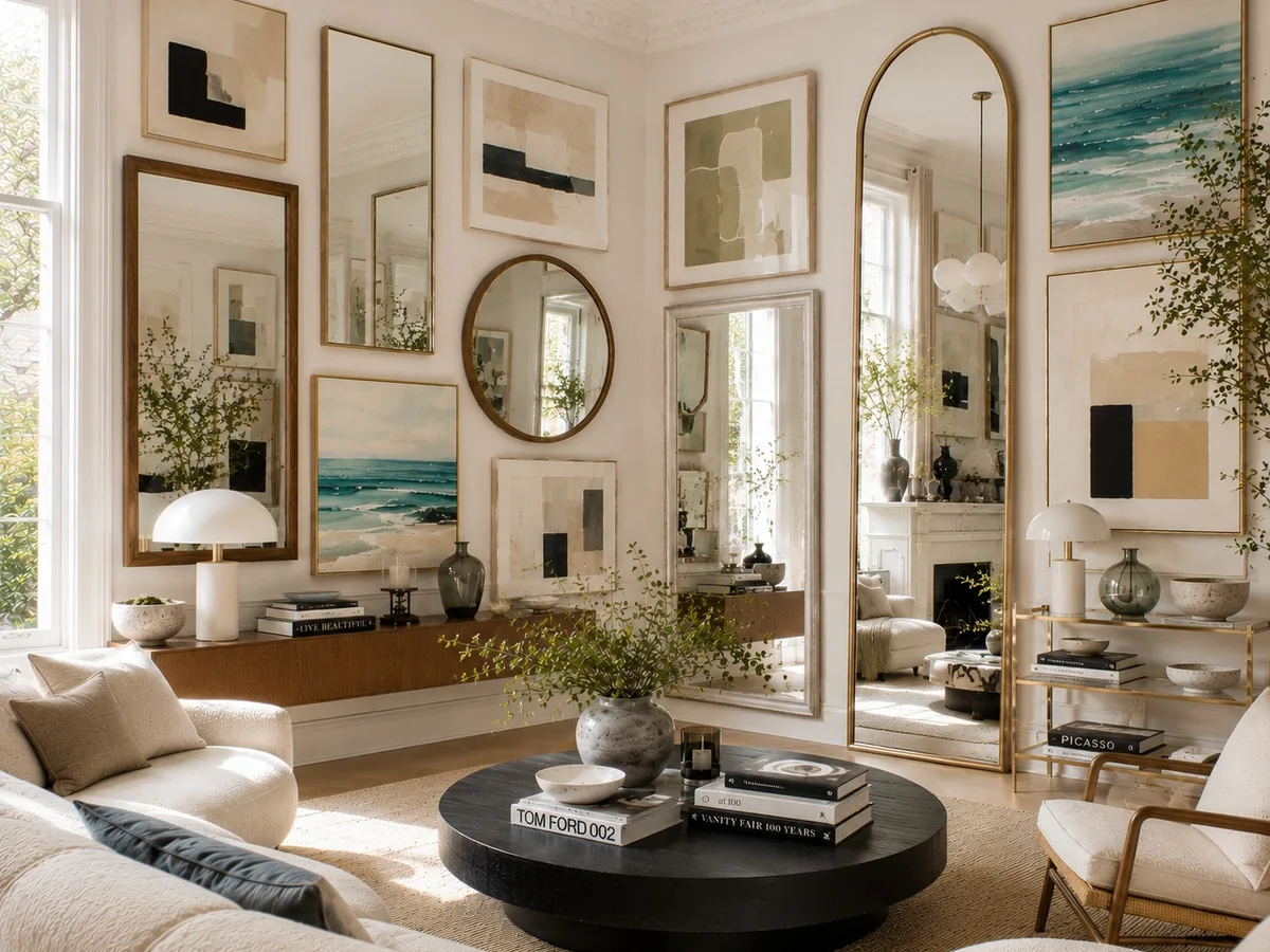 Artwork and mirrors in a neutral interior